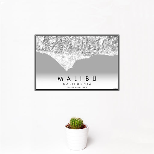 12x18 Malibu California Map Print Landscape Orientation in Classic Style With Small Cactus Plant in White Planter