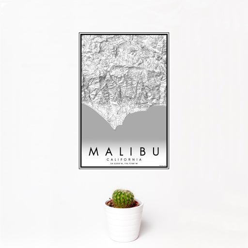 12x18 Malibu California Map Print Portrait Orientation in Classic Style With Small Cactus Plant in White Planter