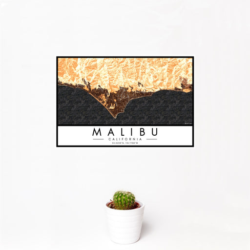 12x18 Malibu California Map Print Landscape Orientation in Ember Style With Small Cactus Plant in White Planter