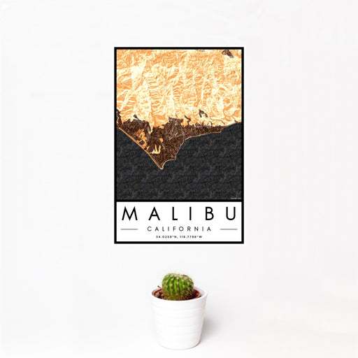 12x18 Malibu California Map Print Portrait Orientation in Ember Style With Small Cactus Plant in White Planter