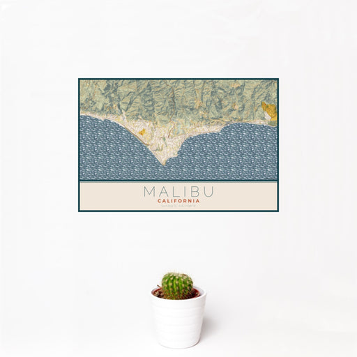 12x18 Malibu California Map Print Landscape Orientation in Woodblock Style With Small Cactus Plant in White Planter