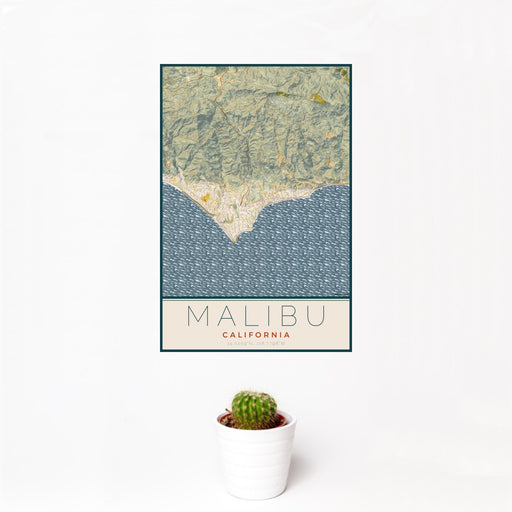 12x18 Malibu California Map Print Portrait Orientation in Woodblock Style With Small Cactus Plant in White Planter