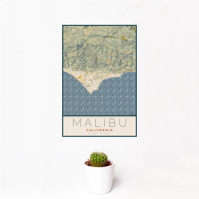 12x18 Malibu California Map Print Portrait Orientation in Woodblock Style With Small Cactus Plant in White Planter