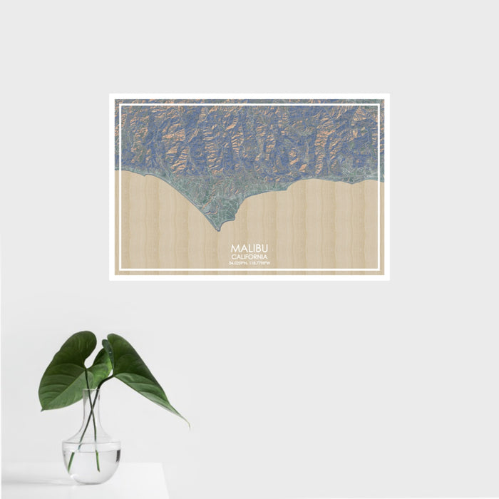 16x24 Malibu California Map Print Landscape Orientation in Afternoon Style With Tropical Plant Leaves in Water