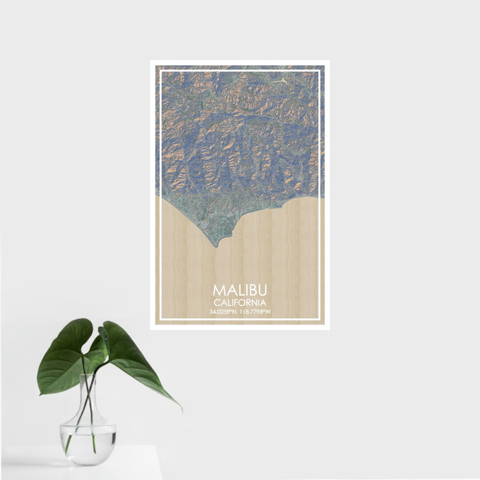 16x24 Malibu California Map Print Portrait Orientation in Afternoon Style With Tropical Plant Leaves in Water