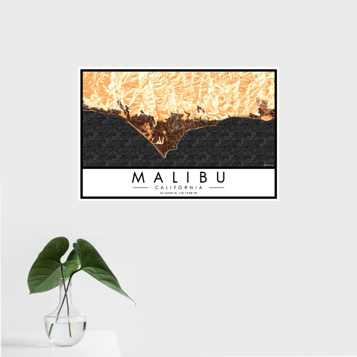 16x24 Malibu California Map Print Landscape Orientation in Ember Style With Tropical Plant Leaves in Water