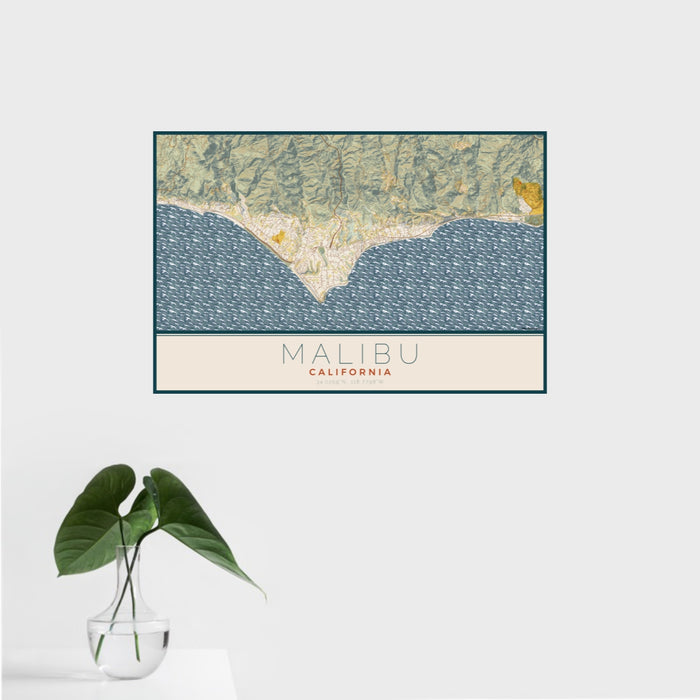 16x24 Malibu California Map Print Landscape Orientation in Woodblock Style With Tropical Plant Leaves in Water