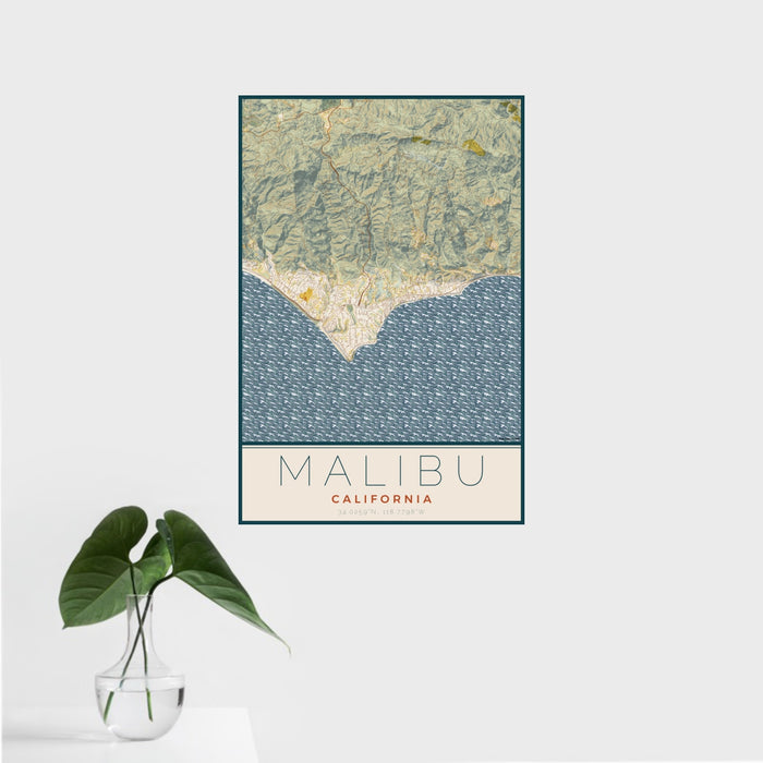 16x24 Malibu California Map Print Portrait Orientation in Woodblock Style With Tropical Plant Leaves in Water