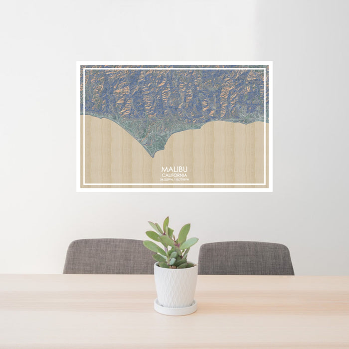 24x36 Malibu California Map Print Lanscape Orientation in Afternoon Style Behind 2 Chairs Table and Potted Plant