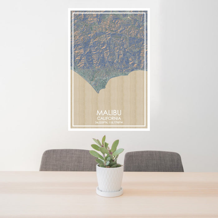 24x36 Malibu California Map Print Portrait Orientation in Afternoon Style Behind 2 Chairs Table and Potted Plant