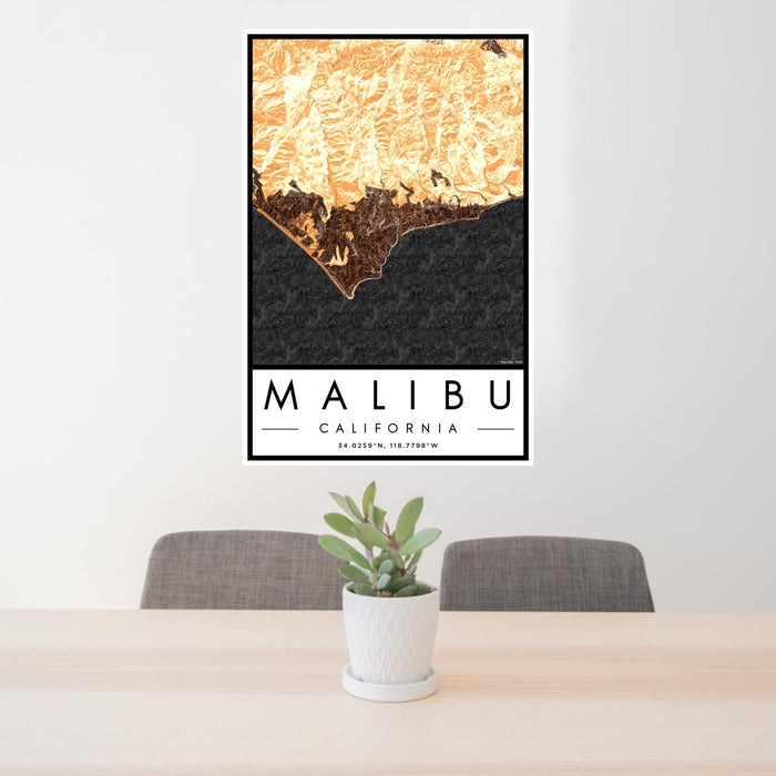 24x36 Malibu California Map Print Portrait Orientation in Ember Style Behind 2 Chairs Table and Potted Plant