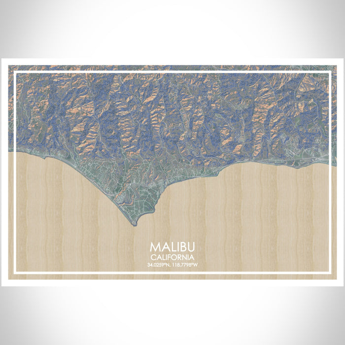 Malibu California Map Print Landscape Orientation in Afternoon Style With Shaded Background