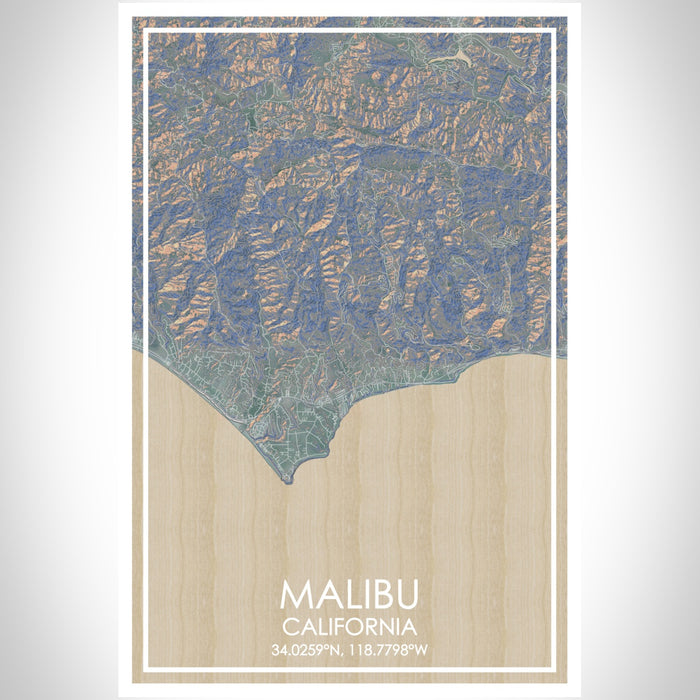 Malibu California Map Print Portrait Orientation in Afternoon Style With Shaded Background