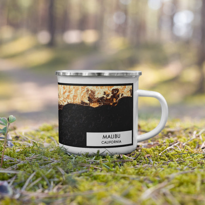 Right View Custom Malibu California Map Enamel Mug in Ember on Grass With Trees in Background