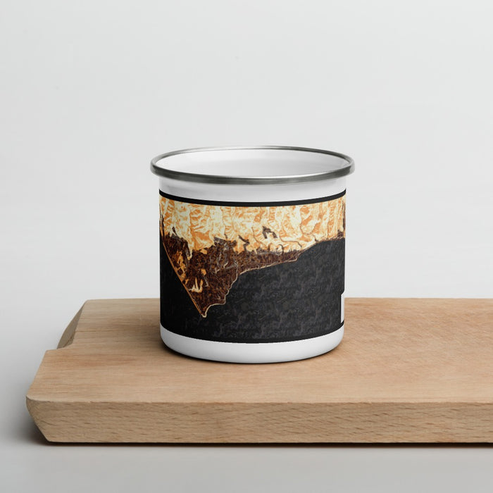 Front View Custom Malibu California Map Enamel Mug in Ember on Cutting Board