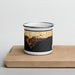Front View Custom Malibu California Map Enamel Mug in Ember on Cutting Board