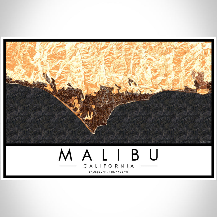 Malibu California Map Print Landscape Orientation in Ember Style With Shaded Background