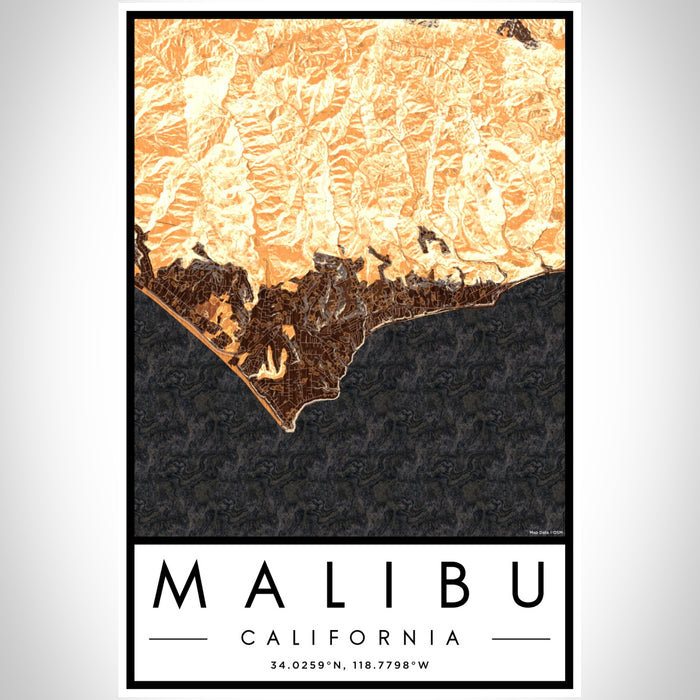 Malibu California Map Print Portrait Orientation in Ember Style With Shaded Background