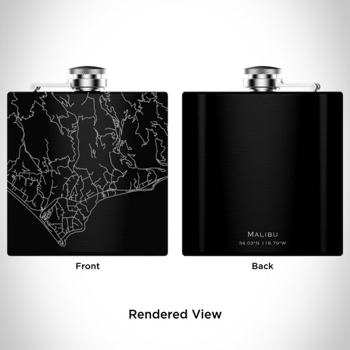 Rendered View of Malibu California Map Engraving on 6oz Stainless Steel Flask in Black