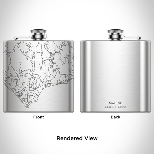 Rendered View of Malibu California Map Engraving on 6oz Stainless Steel Flask