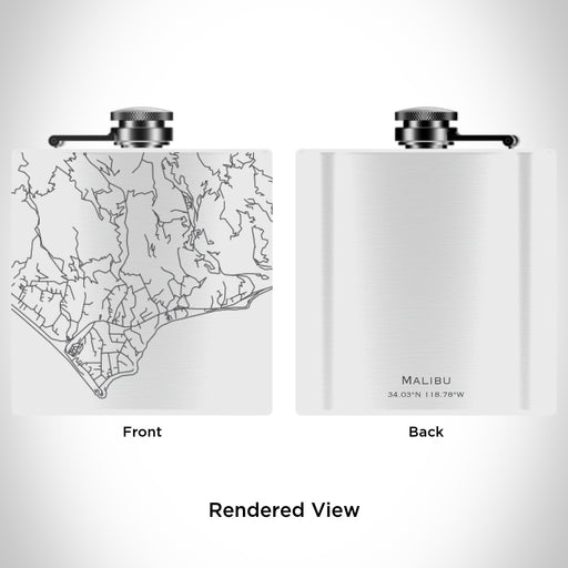 Rendered View of Malibu California Map Engraving on 6oz Stainless Steel Flask in White