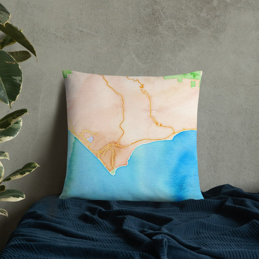 Custom Malibu California Map Throw Pillow in Watercolor on Bedding Against Wall