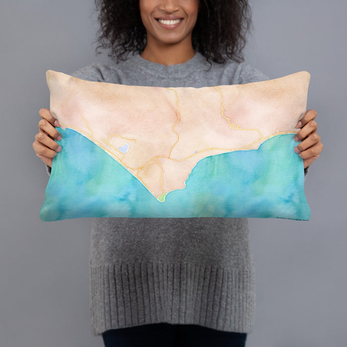 Person holding 20x12 Custom Malibu California Map Throw Pillow in Watercolor