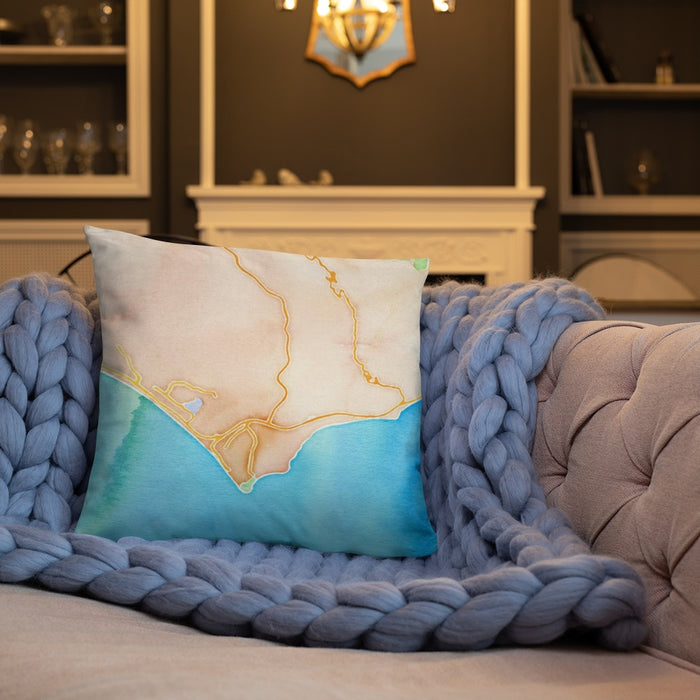 Custom Malibu California Map Throw Pillow in Watercolor on Cream Colored Couch