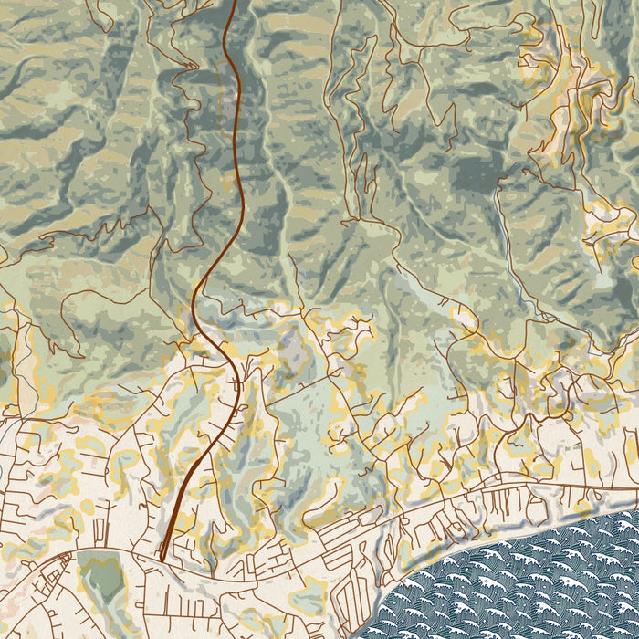 Malibu California Map Print in Woodblock Style Zoomed In Close Up Showing Details
