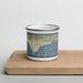 Front View Custom Malibu California Map Enamel Mug in Woodblock on Cutting Board