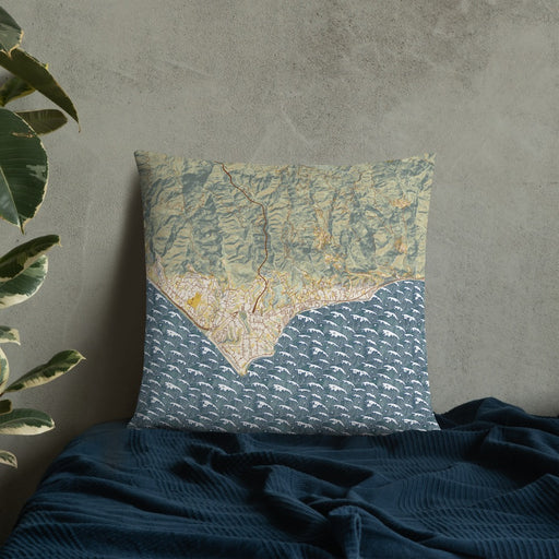 Custom Malibu California Map Throw Pillow in Woodblock on Bedding Against Wall