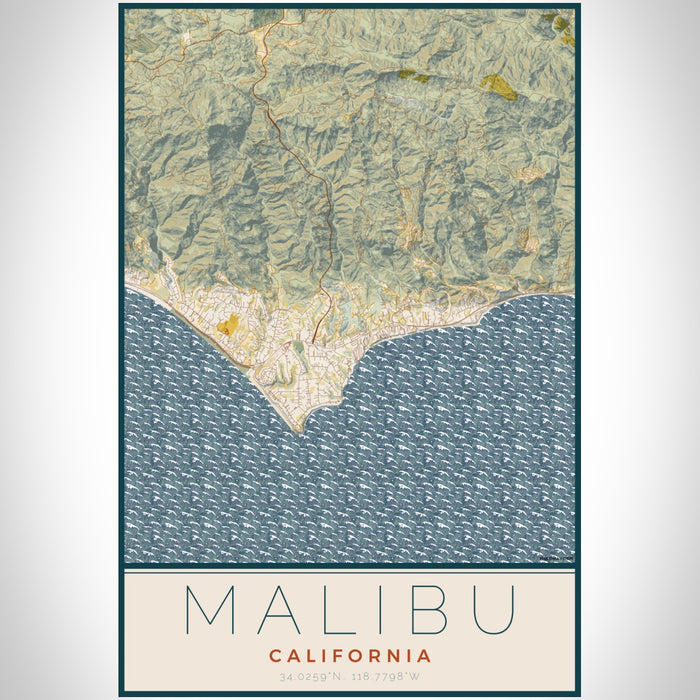 Malibu California Map Print Portrait Orientation in Woodblock Style With Shaded Background