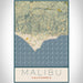 Malibu California Map Print Portrait Orientation in Woodblock Style With Shaded Background