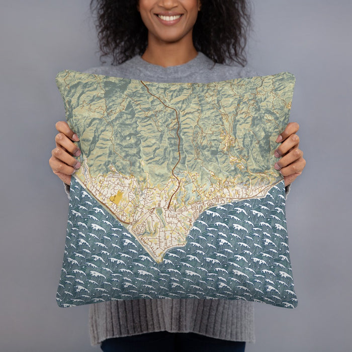 Person holding 18x18 Custom Malibu California Map Throw Pillow in Woodblock