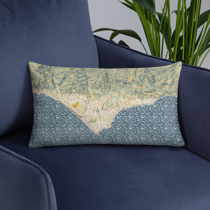 Custom Malibu California Map Throw Pillow in Woodblock on Blue Colored Chair
