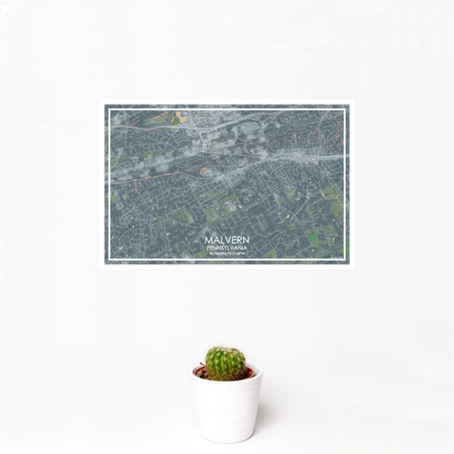 12x18 Malvern Pennsylvania Map Print Landscape Orientation in Afternoon Style With Small Cactus Plant in White Planter