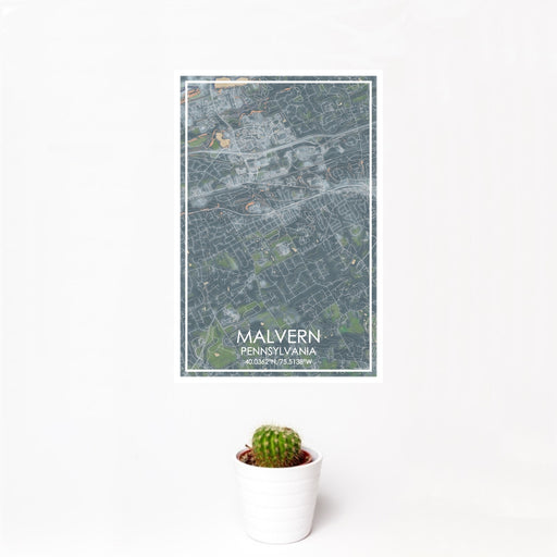 12x18 Malvern Pennsylvania Map Print Portrait Orientation in Afternoon Style With Small Cactus Plant in White Planter