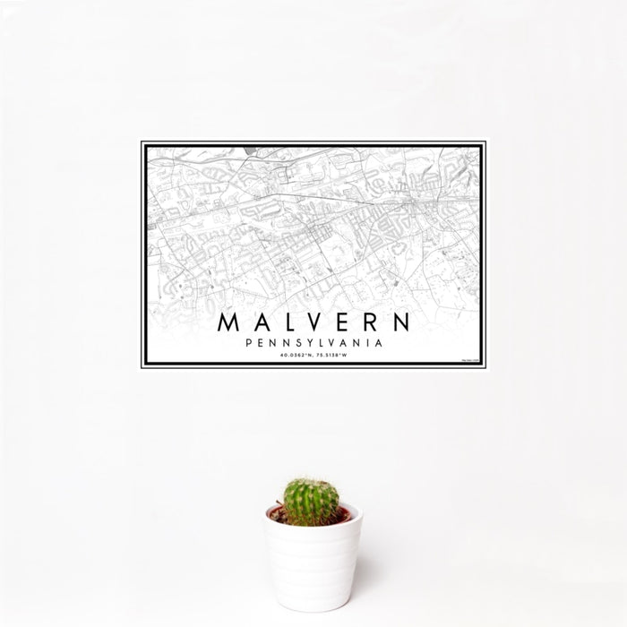 12x18 Malvern Pennsylvania Map Print Landscape Orientation in Classic Style With Small Cactus Plant in White Planter