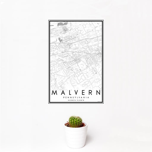 12x18 Malvern Pennsylvania Map Print Portrait Orientation in Classic Style With Small Cactus Plant in White Planter