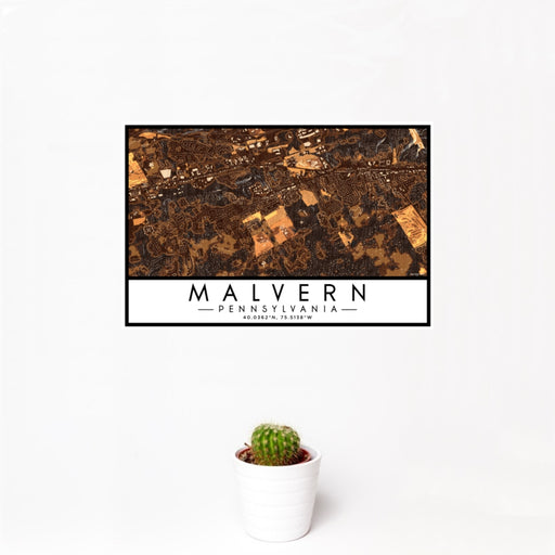 12x18 Malvern Pennsylvania Map Print Landscape Orientation in Ember Style With Small Cactus Plant in White Planter