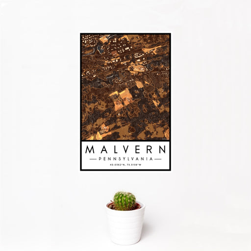 12x18 Malvern Pennsylvania Map Print Portrait Orientation in Ember Style With Small Cactus Plant in White Planter