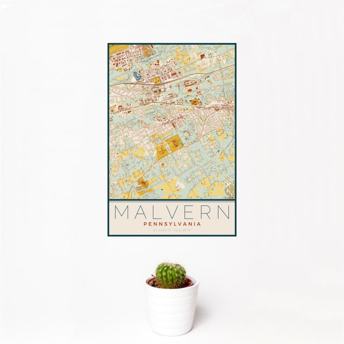 12x18 Malvern Pennsylvania Map Print Portrait Orientation in Woodblock Style With Small Cactus Plant in White Planter