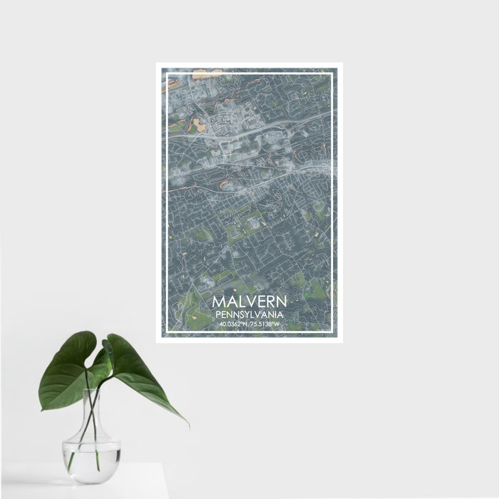 16x24 Malvern Pennsylvania Map Print Portrait Orientation in Afternoon Style With Tropical Plant Leaves in Water