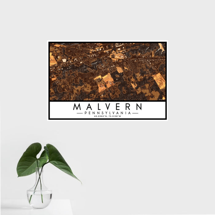 16x24 Malvern Pennsylvania Map Print Landscape Orientation in Ember Style With Tropical Plant Leaves in Water