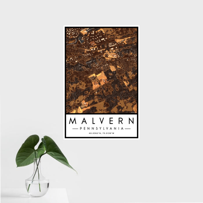 16x24 Malvern Pennsylvania Map Print Portrait Orientation in Ember Style With Tropical Plant Leaves in Water