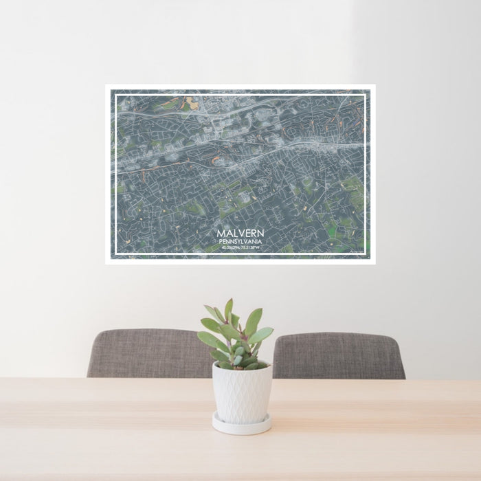 24x36 Malvern Pennsylvania Map Print Lanscape Orientation in Afternoon Style Behind 2 Chairs Table and Potted Plant