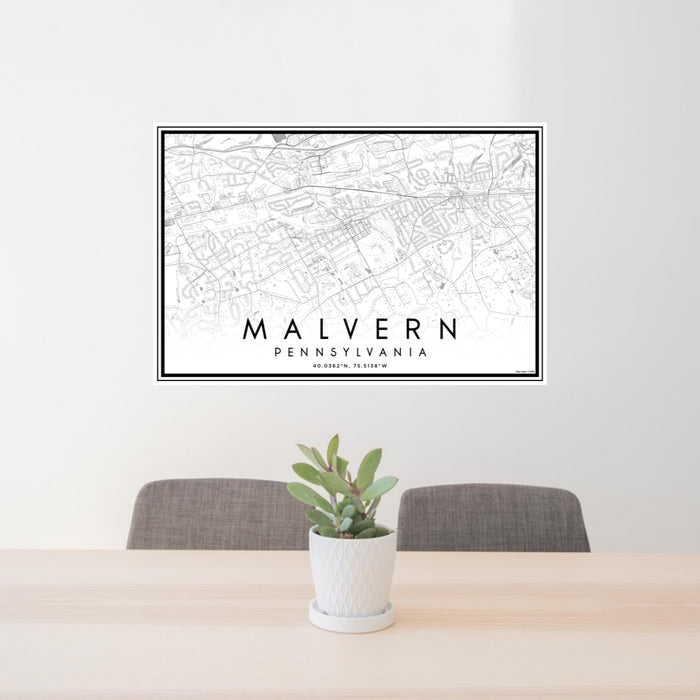 24x36 Malvern Pennsylvania Map Print Lanscape Orientation in Classic Style Behind 2 Chairs Table and Potted Plant
