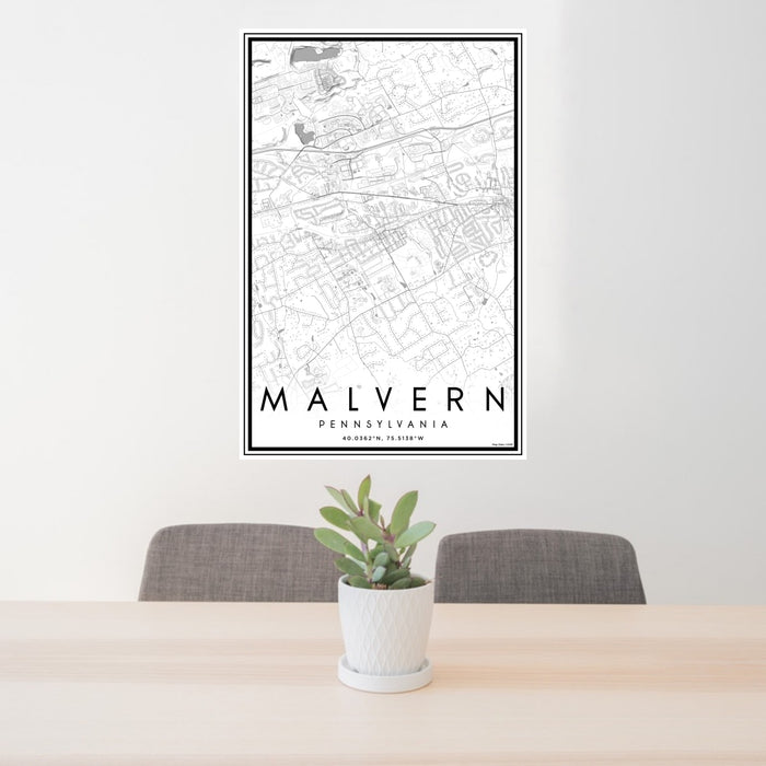 24x36 Malvern Pennsylvania Map Print Portrait Orientation in Classic Style Behind 2 Chairs Table and Potted Plant