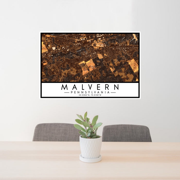 24x36 Malvern Pennsylvania Map Print Lanscape Orientation in Ember Style Behind 2 Chairs Table and Potted Plant