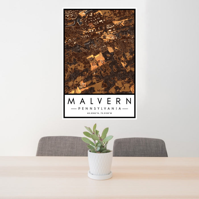 24x36 Malvern Pennsylvania Map Print Portrait Orientation in Ember Style Behind 2 Chairs Table and Potted Plant